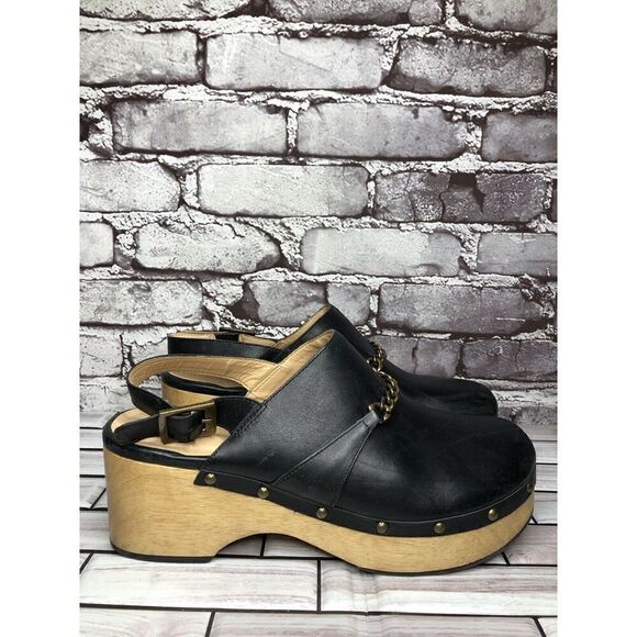 Silent D Georgia Clogs Mules Slingbacks Heeled Black Leather Wood Chain Women 41 - Picture 2 of 16